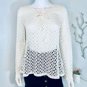 No Comment Crochet Boho Bell Sleeve Blouse Ivory Large